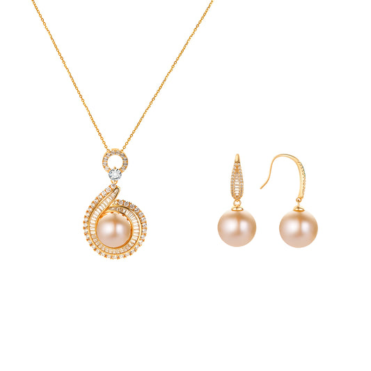 Gold necklace and earrings with pearl-like stones on a white background