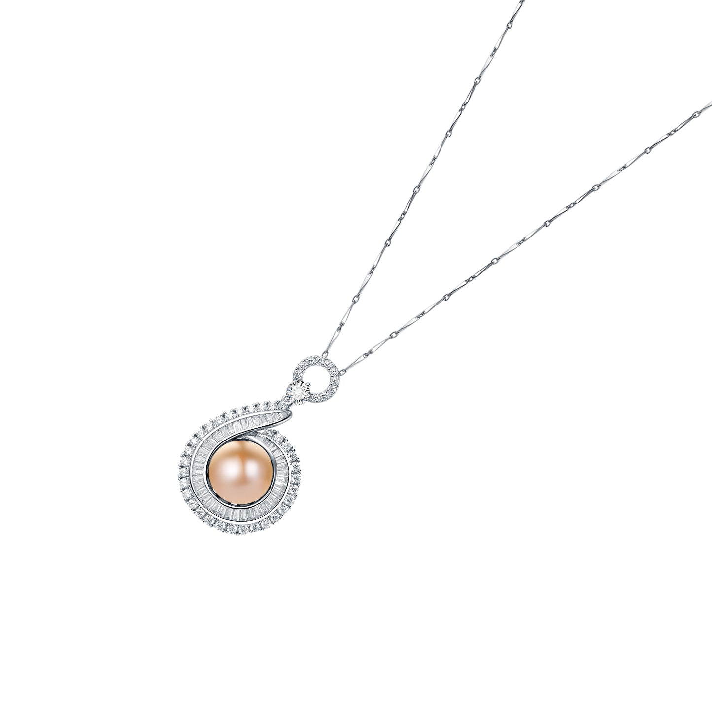 Pearl necklace with silver chain on a white background