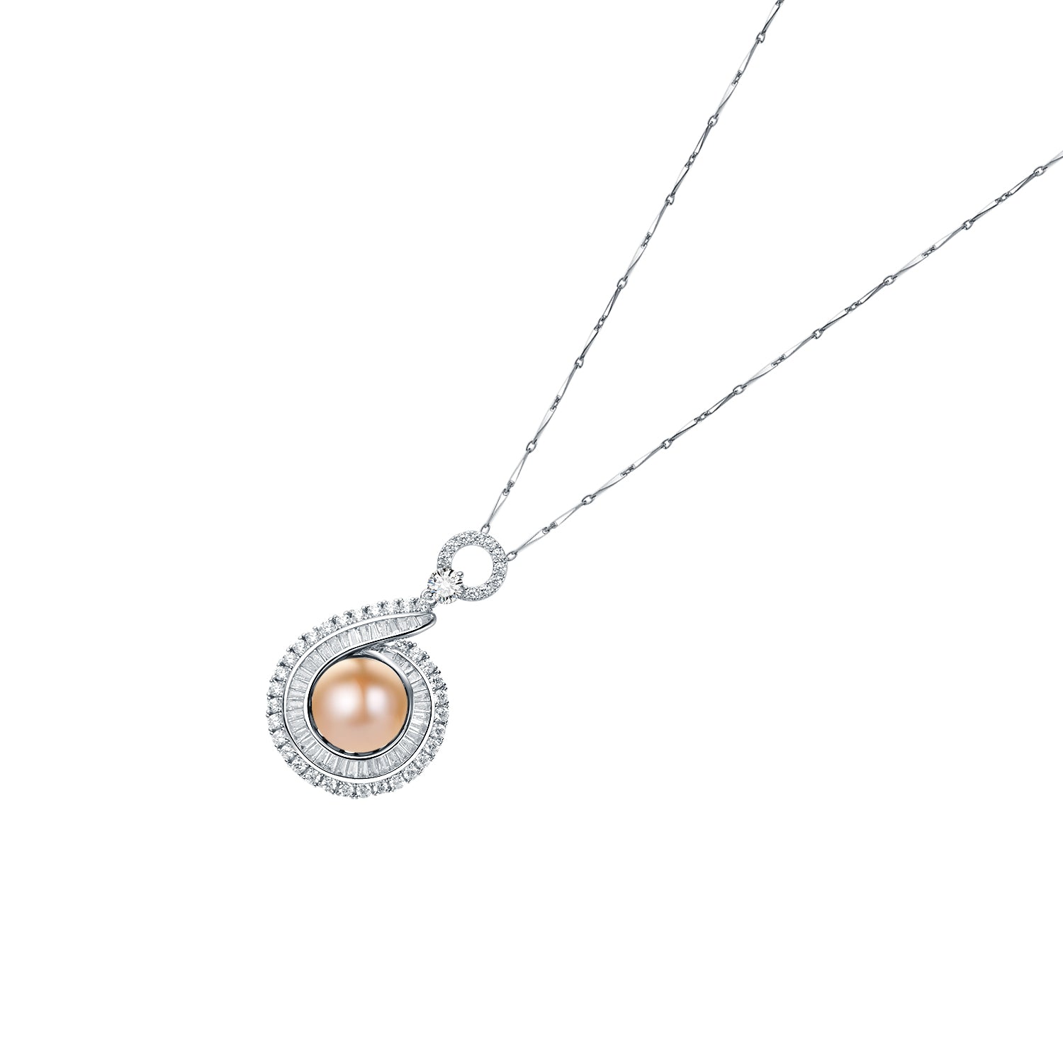 Pearl necklace with silver chain on a white background