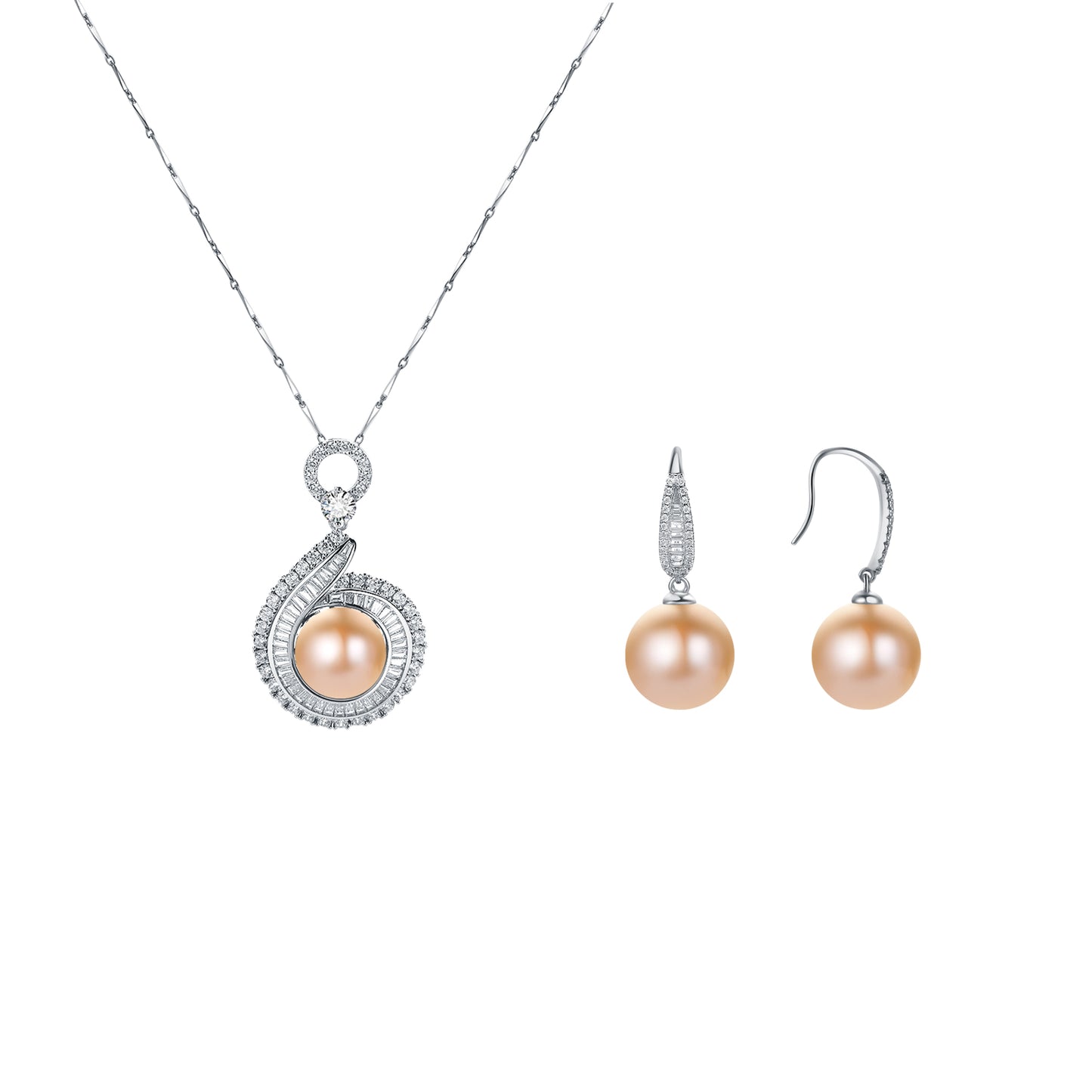 Pearl necklace and earrings set on a white background