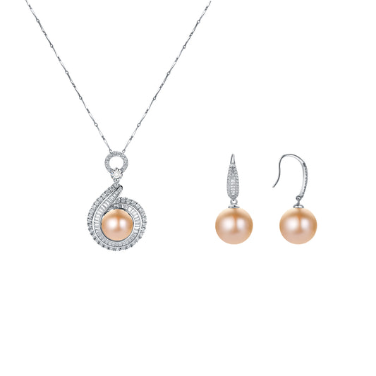 Pearl necklace and earrings set on a white background