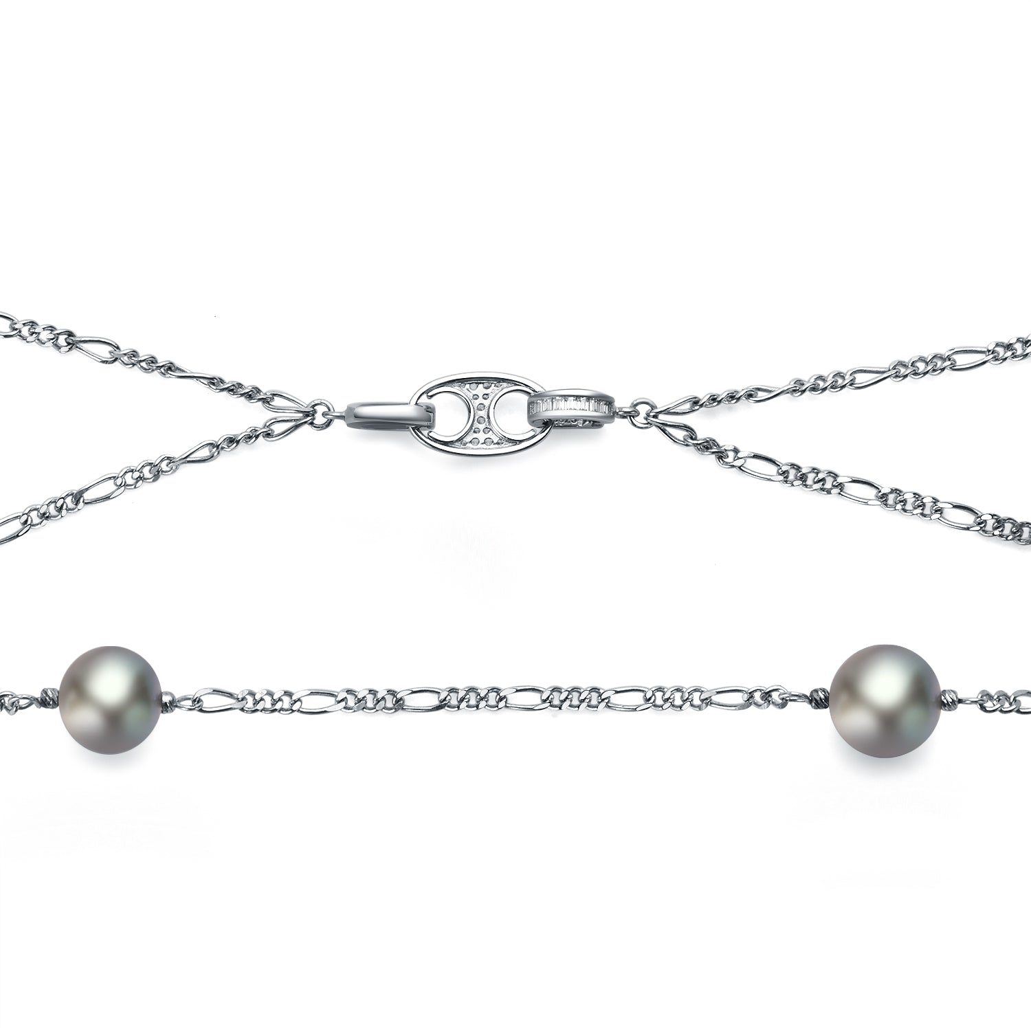 Silver necklace with pearls on a white background