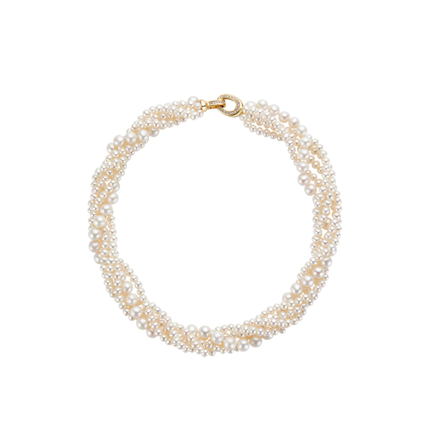 Twisted Multi-Strand pearl necklace with a gold clasp on a white background