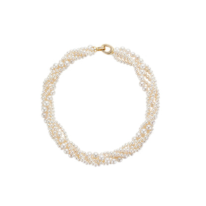 Twisted Multi-Strand pearl necklace with a gold clasp on a white background