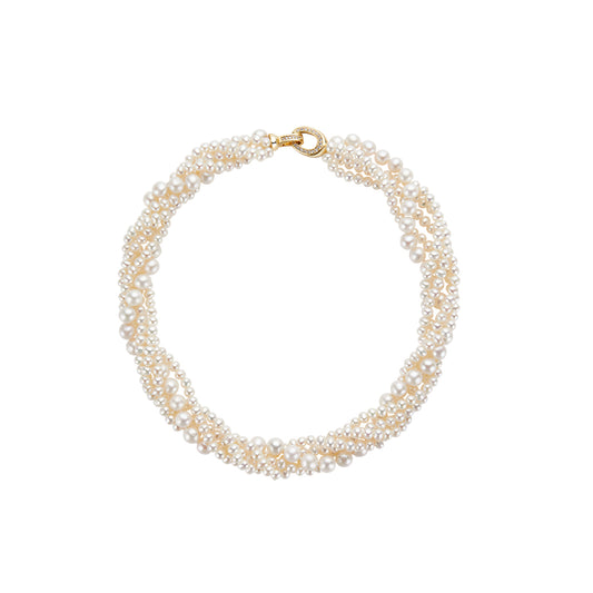 Twisted Multi-Strand pearl necklace with a gold clasp on a white background