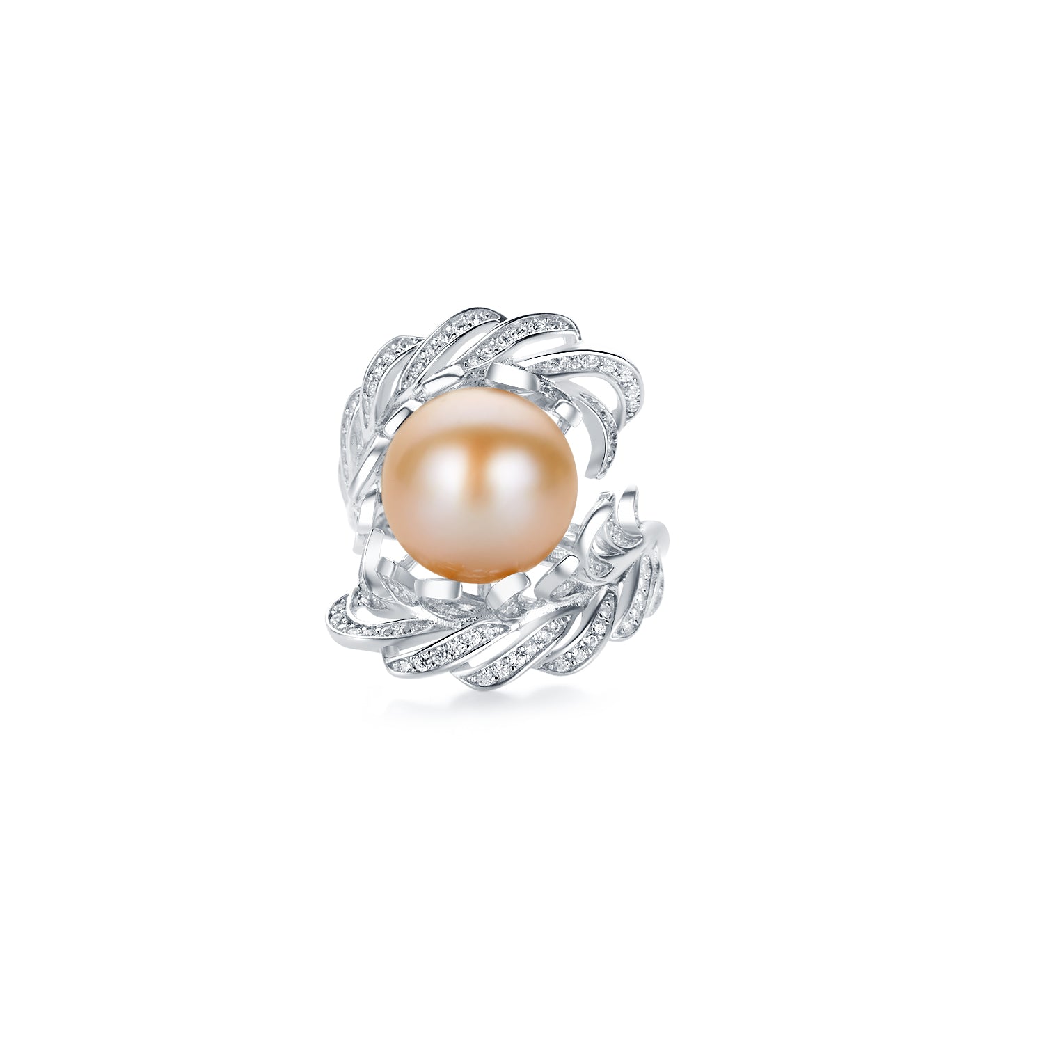 Pearl ring with silver foliage design on a white background