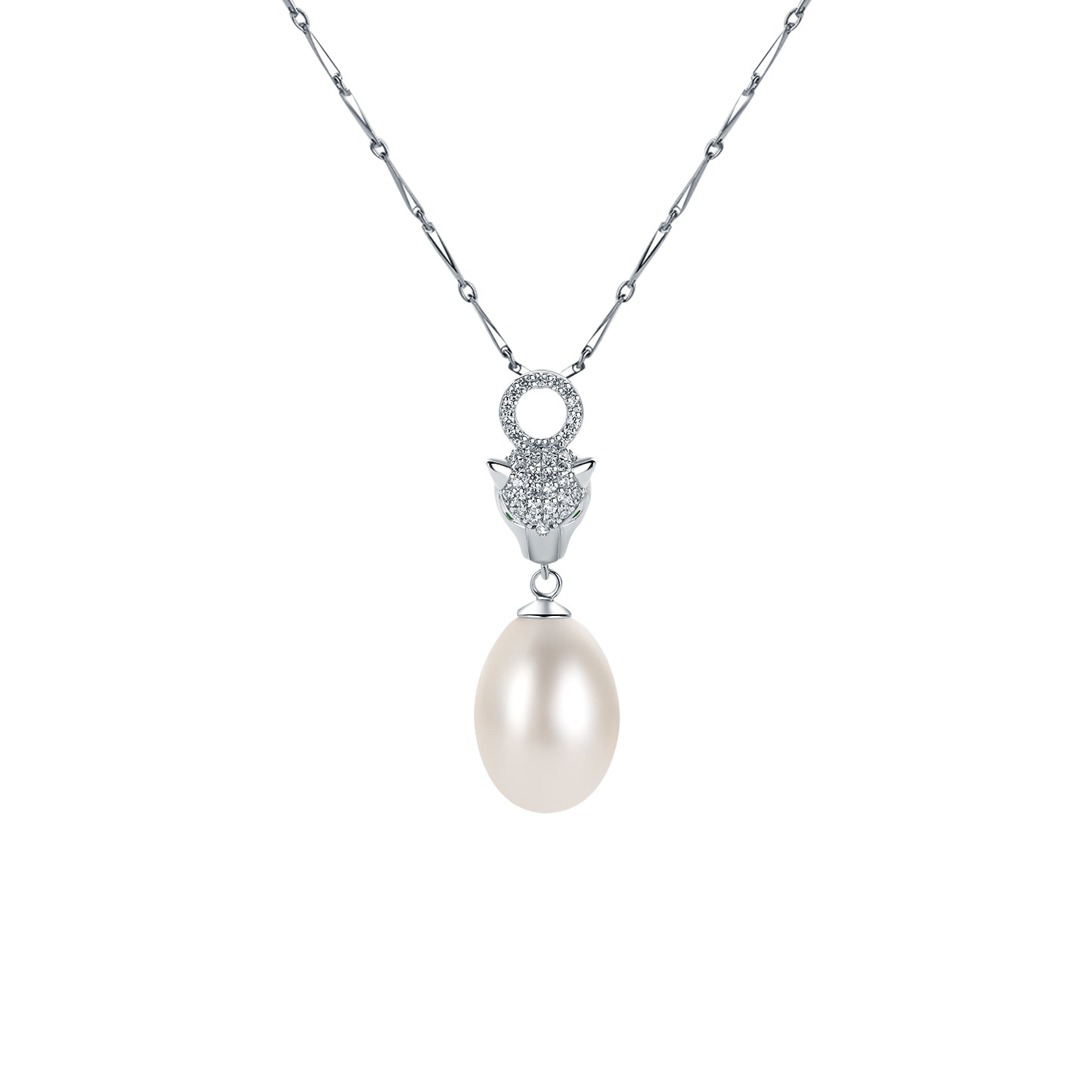 Pearl necklace with a silver chain on a white background