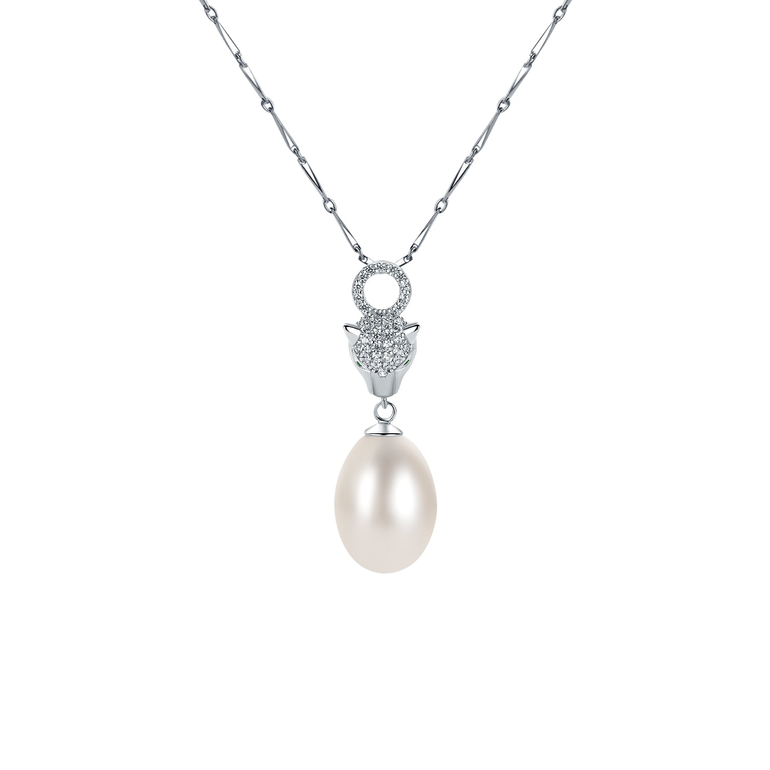 Pearl necklace with a silver chain on a white background
