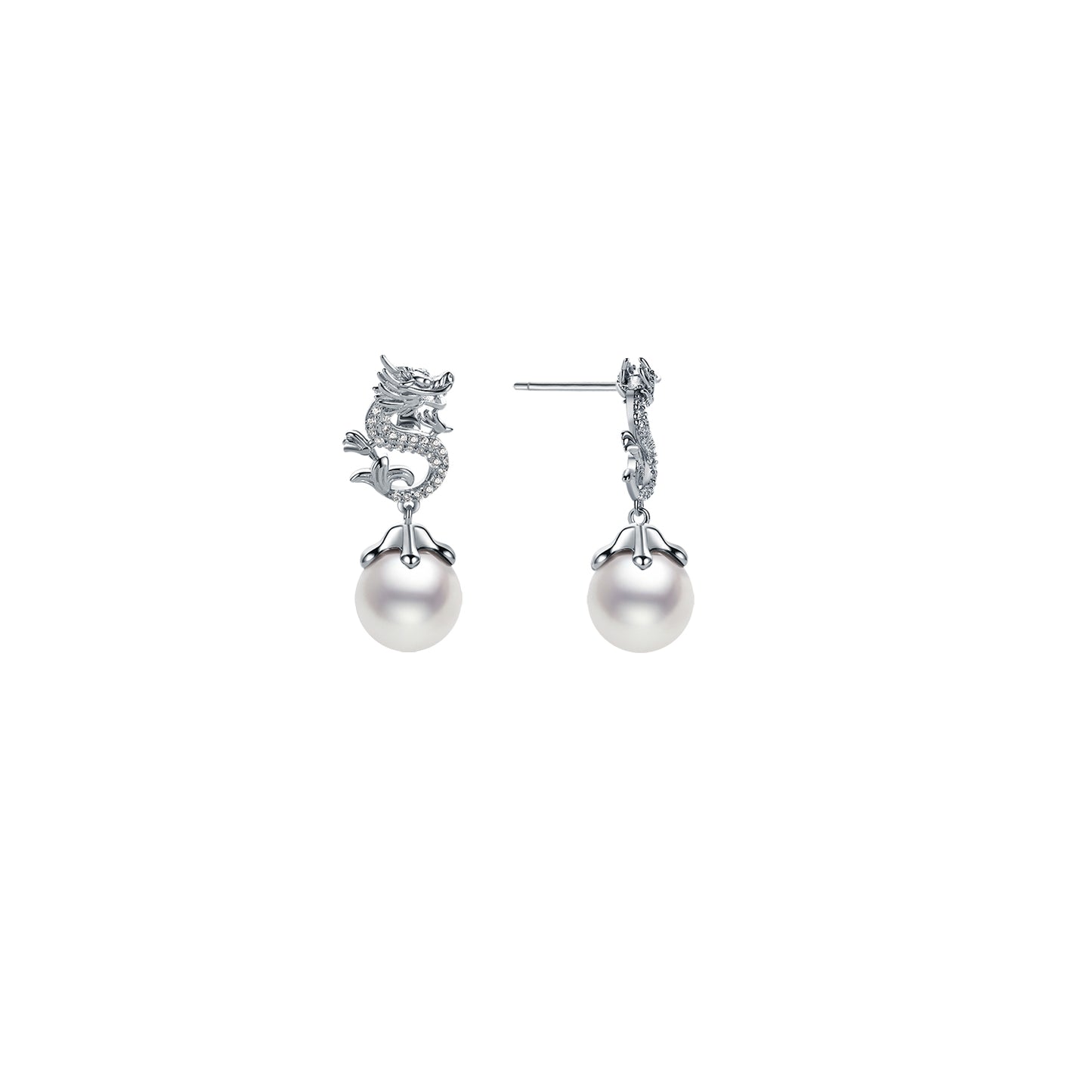 Dragon design pair of pearl earrings with silver fixtures on a white background