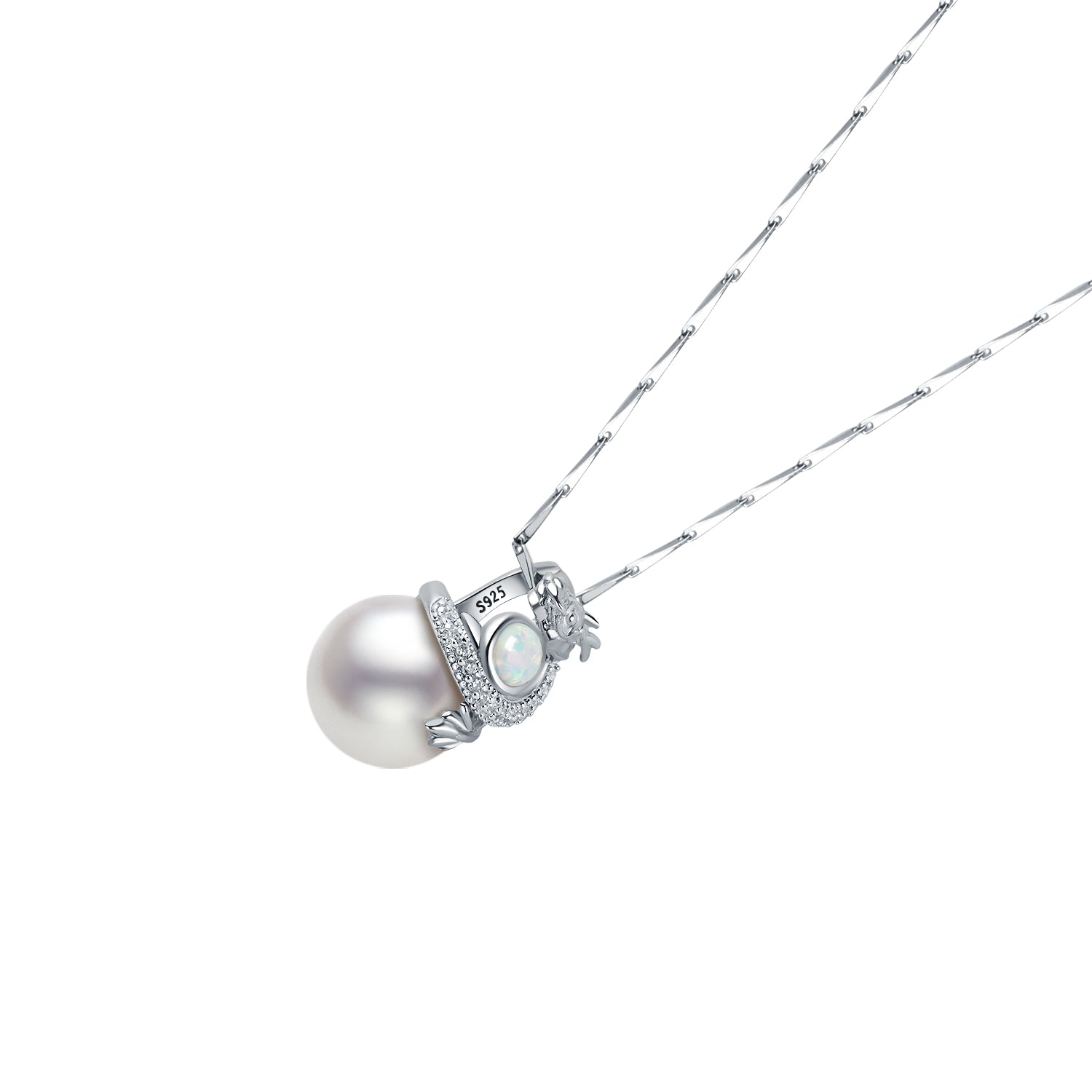 Pearl dragon design necklace with silver chain on a white background