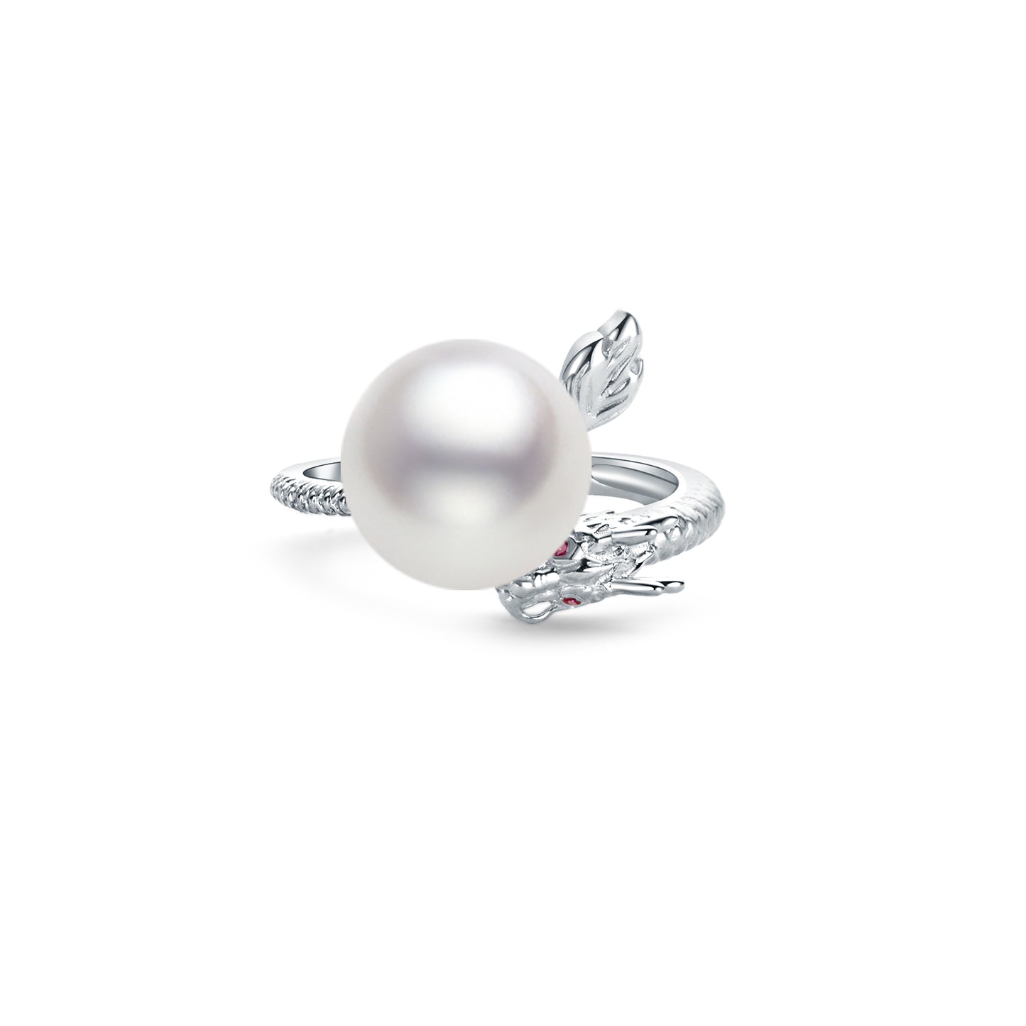 Dragon design pearl ring with silver leaves on a white background