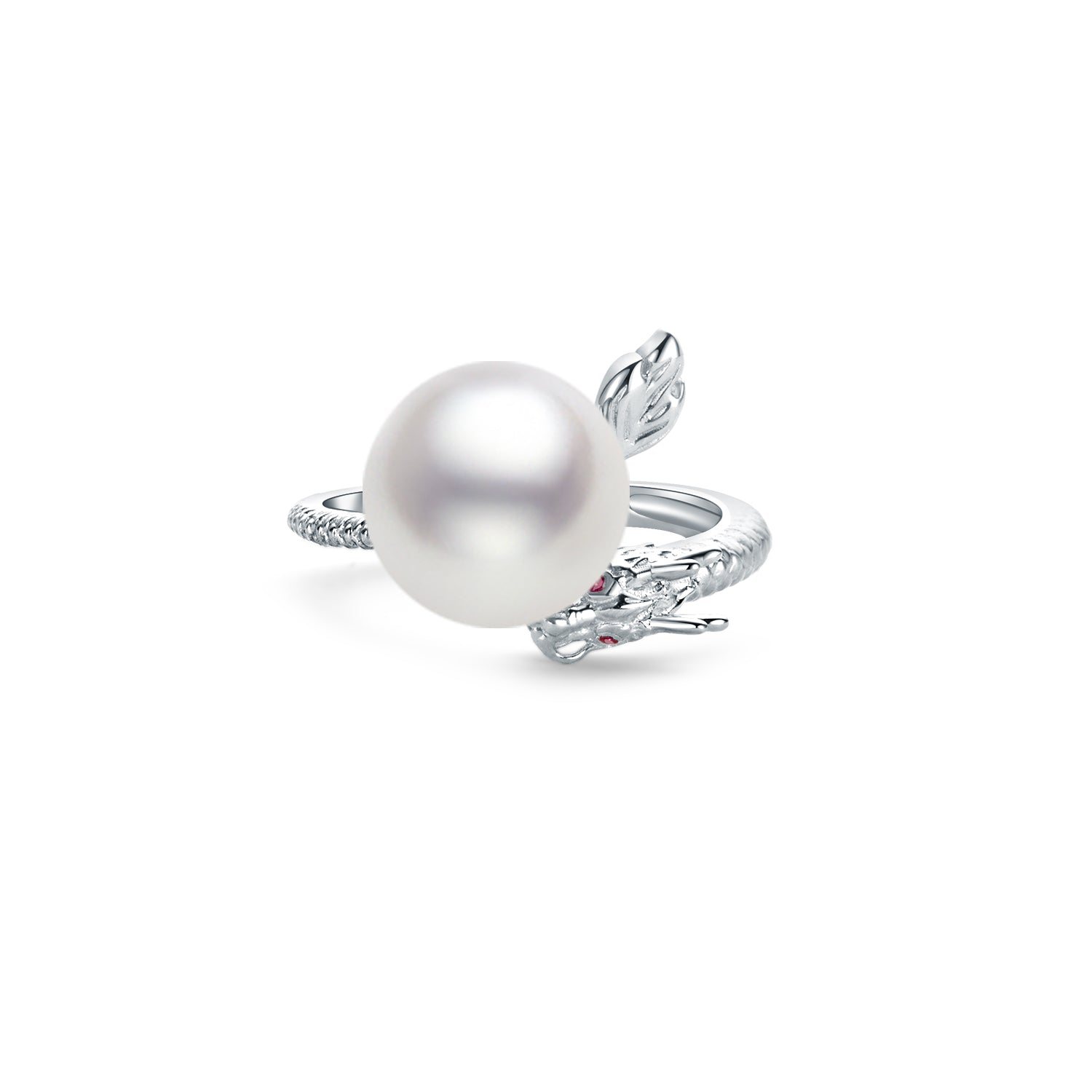 Dragon design pearl ring with silver leaves on a white background