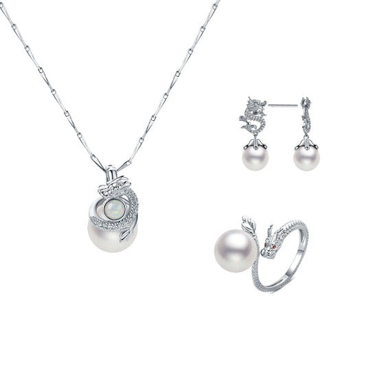 Dragon design pearl jewelry set with necklace, earrings, and ring on a white background
