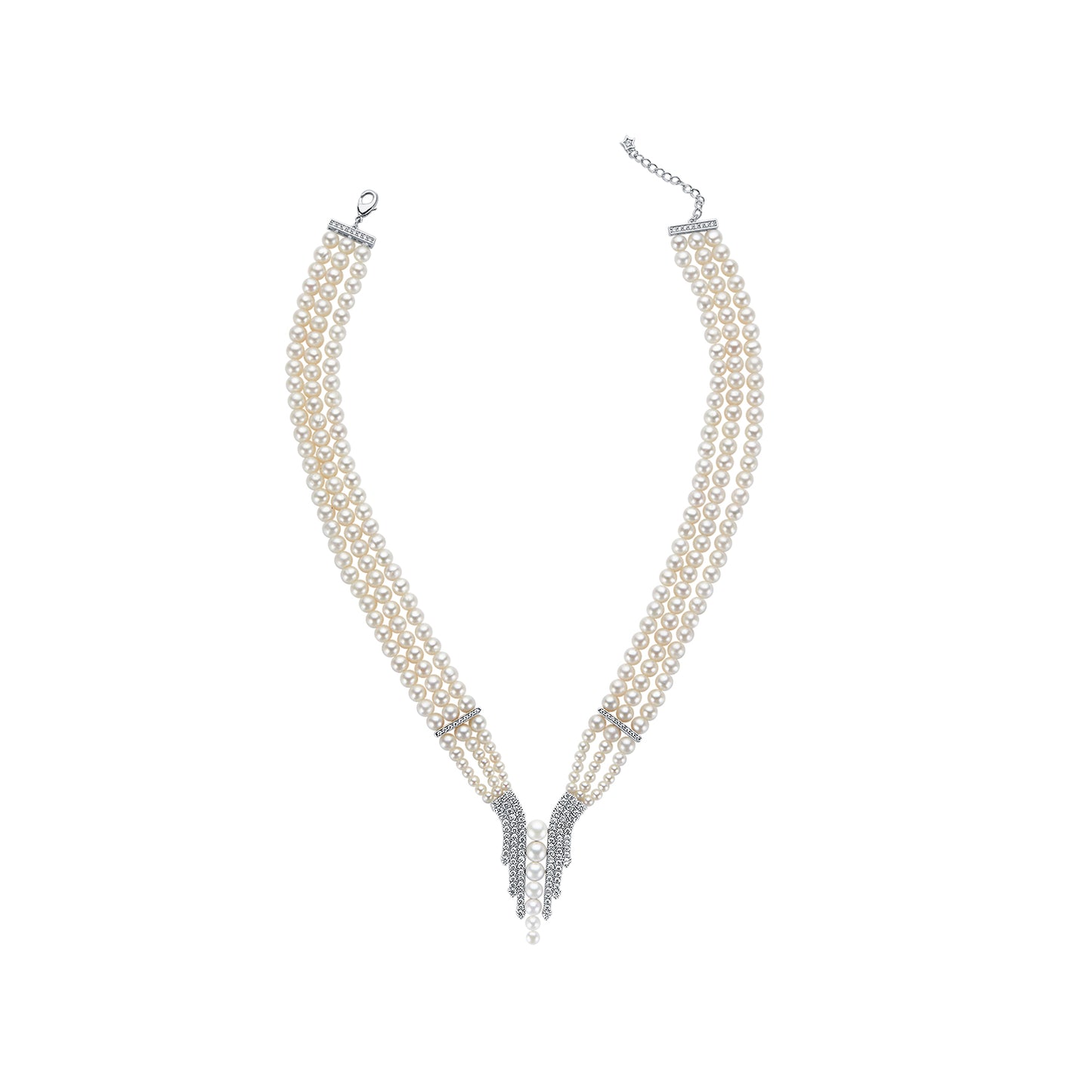 Wings 3-Strand Pearl Necklace with Sterling Silver and Gemstones on a white background