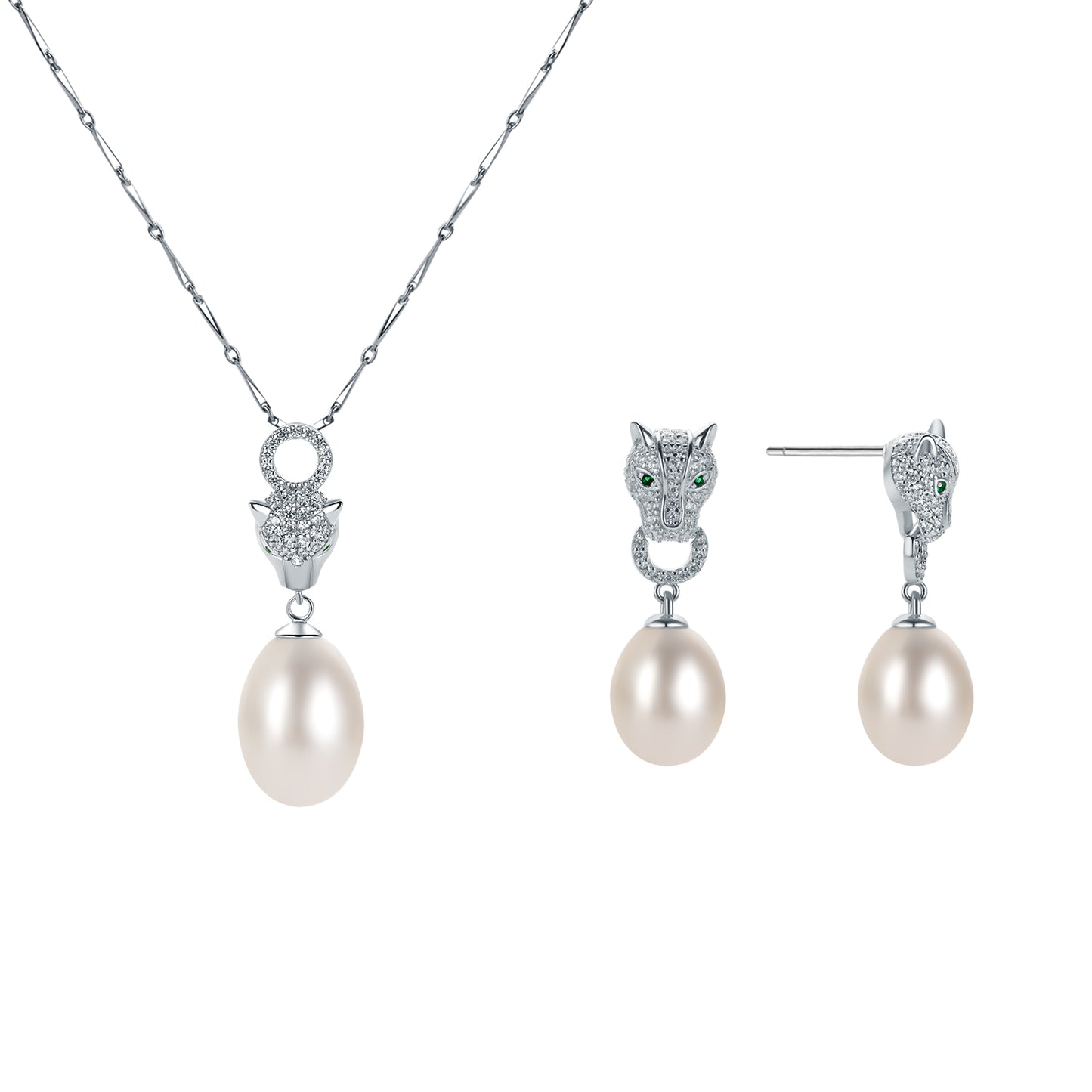 Pearl necklace and earrings with silver leopard-shaped pendants on a white background